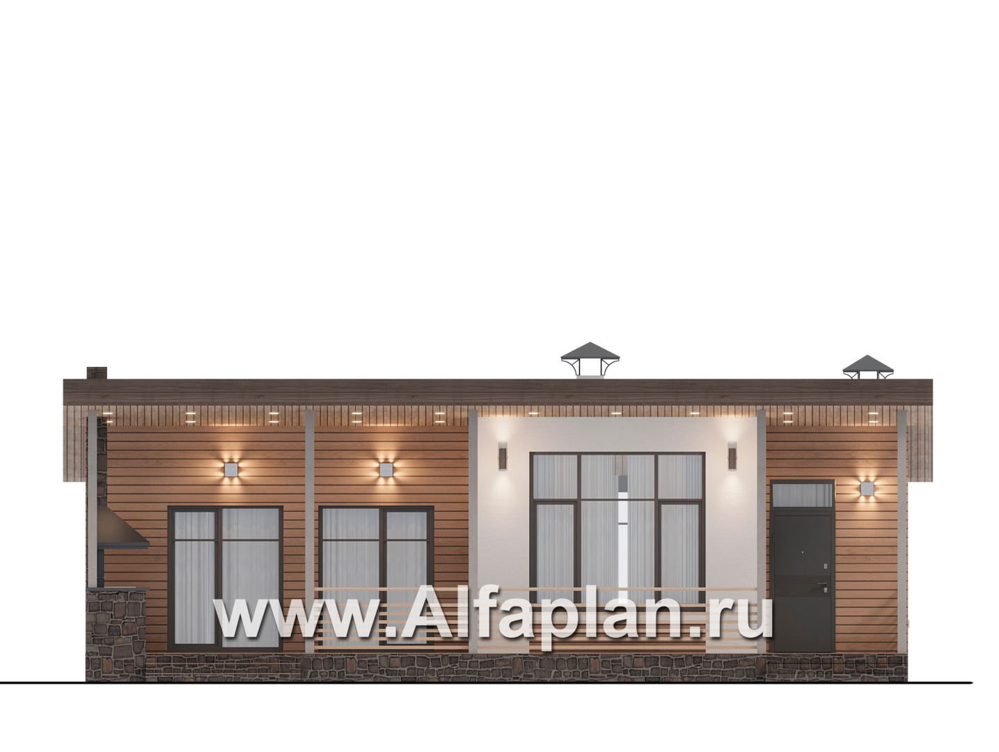 Проекты домов Альфаплан - "Талисман" - проект одноэтажного дома с террасой, с односкатной кровлей,  2 спальни - изображение фасада №1