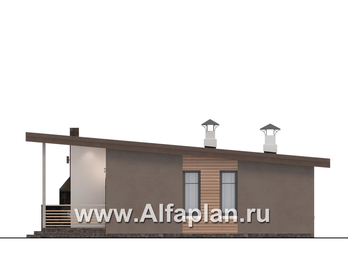 Проекты домов Альфаплан - "Талисман" - проект одноэтажного дома с террасой, с односкатной кровлей,  2 спальни - изображение фасада №2