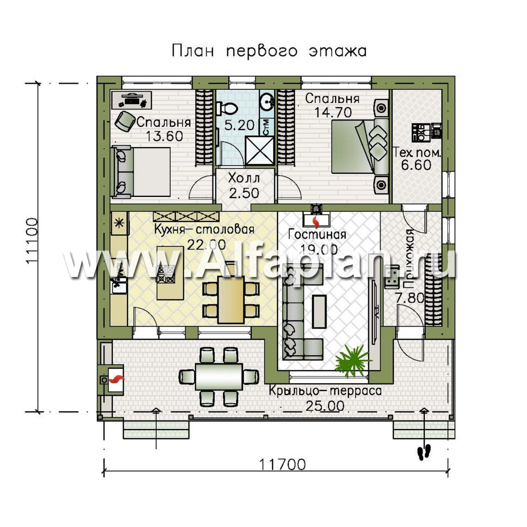 Проекты домов Альфаплан - "Талисман" - проект одноэтажного дома с террасой, с односкатной кровлей,  2 спальни - изображение плана проекта №1