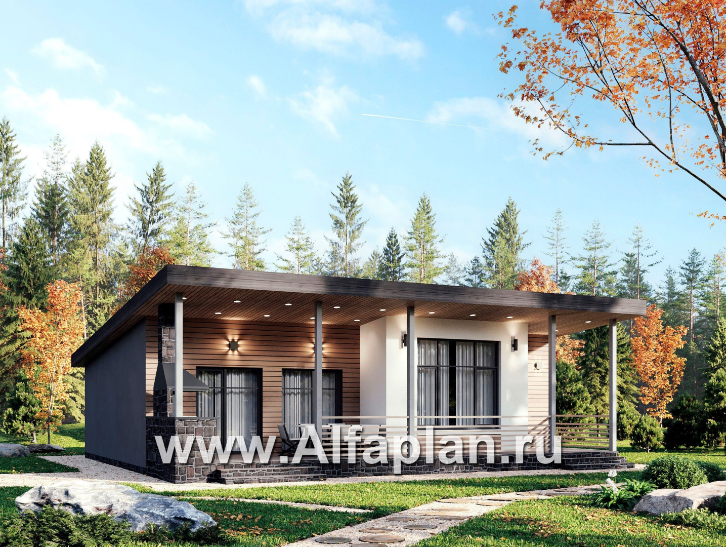 Проекты домов Альфаплан - "Талисман" - проект одноэтажного дома с террасой, с односкатной кровлей,  2 спальни - основное изображение