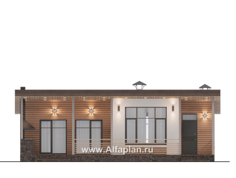 Проекты домов Альфаплан - "Талисман" - проект одноэтажного дома с террасой, с односкатной кровлей,  2 спальни - превью фасада №1