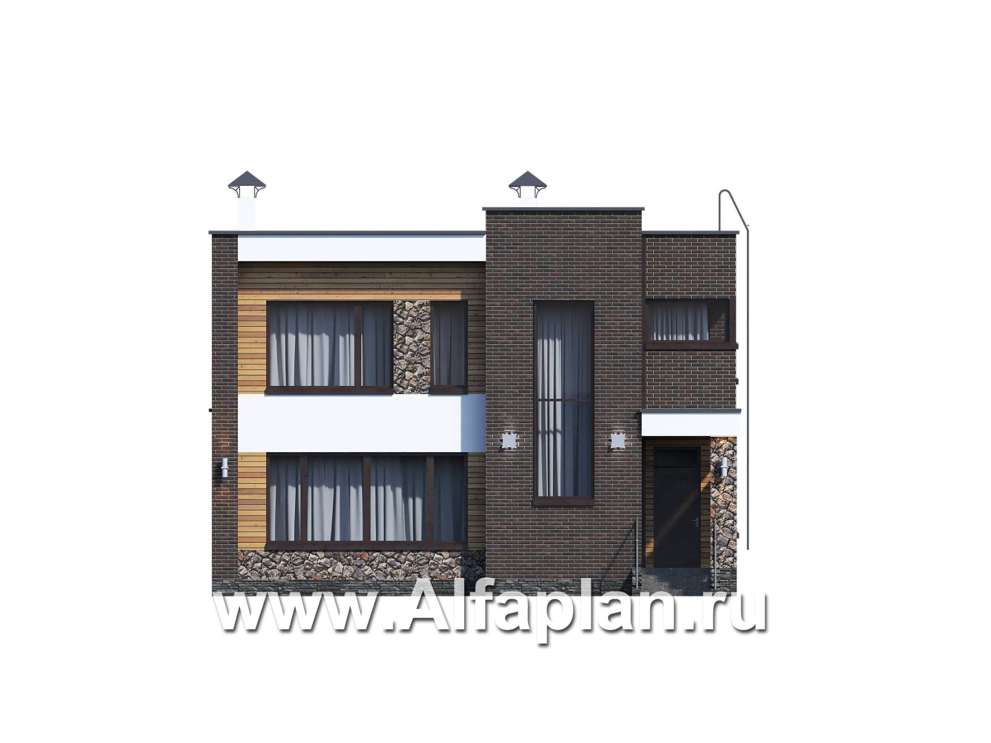 Проекты домов Альфаплан - «Эрго» - проект двухэтажного дома с плоской кровлей, терраса сзади - изображение фасада №1