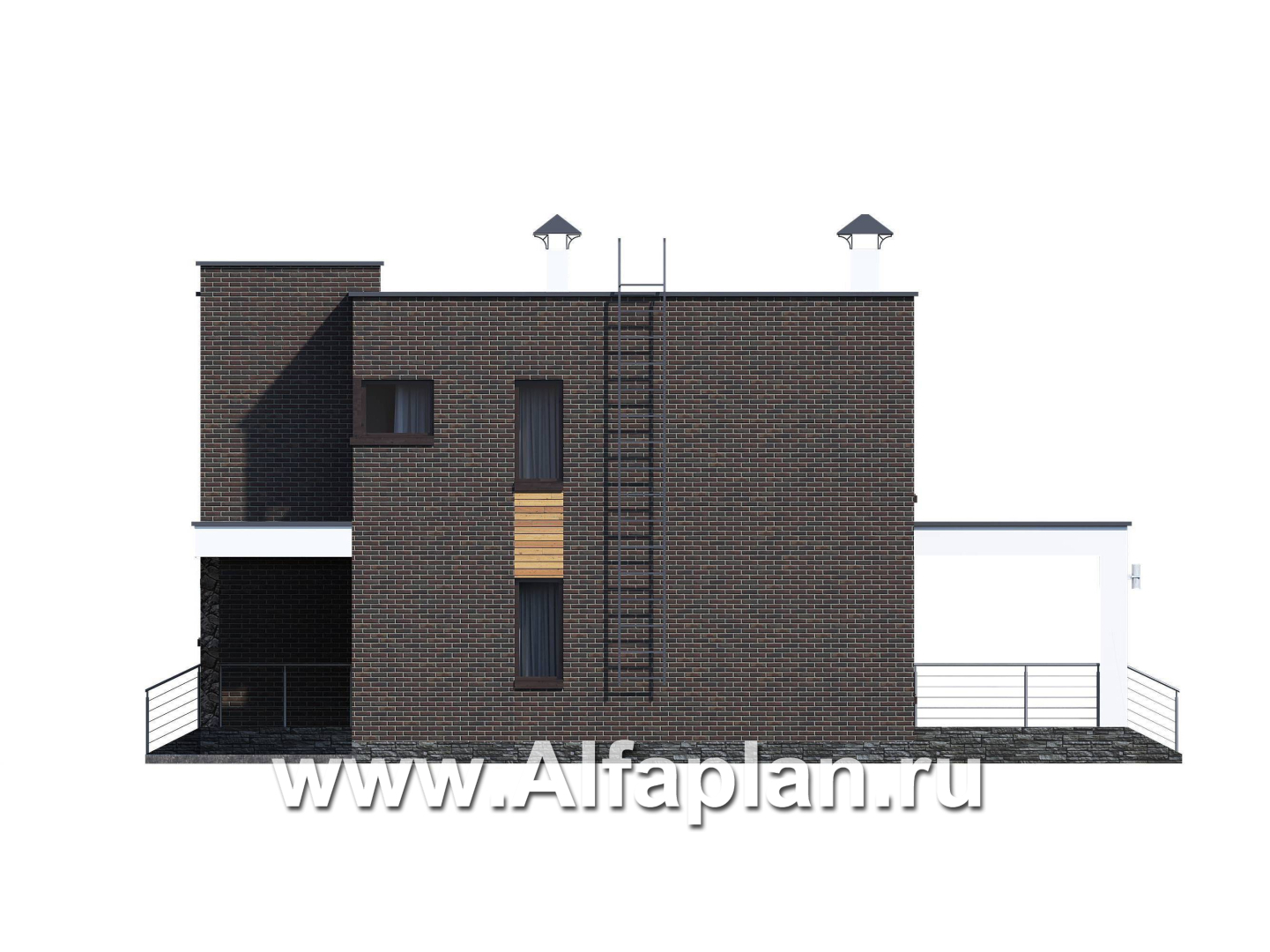 Проекты домов Альфаплан - «Эрго» - проект двухэтажного дома с плоской кровлей, терраса сзади - изображение фасада №2