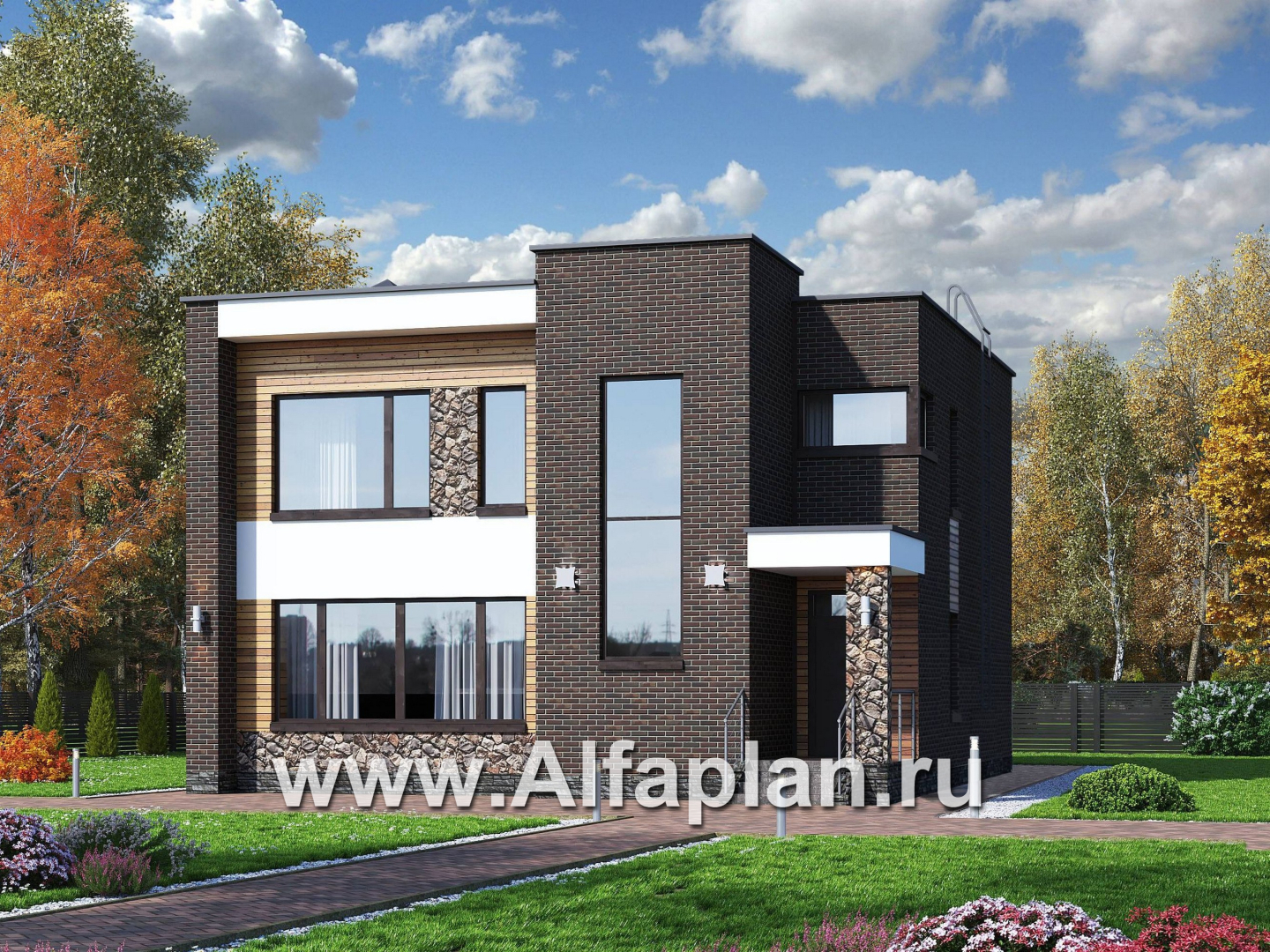 Проекты домов Альфаплан - «Эрго» - проект двухэтажного дома с плоской кровлей, терраса сзади - основное изображение