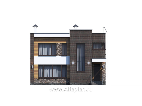 Проекты домов Альфаплан - «Эрго» - проект двухэтажного дома с плоской кровлей, терраса сзади - превью фасада №1
