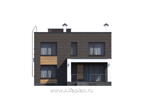Проекты домов Альфаплан - «Эрго» - проект двухэтажного дома с плоской кровлей, терраса сзади - превью фасада №4