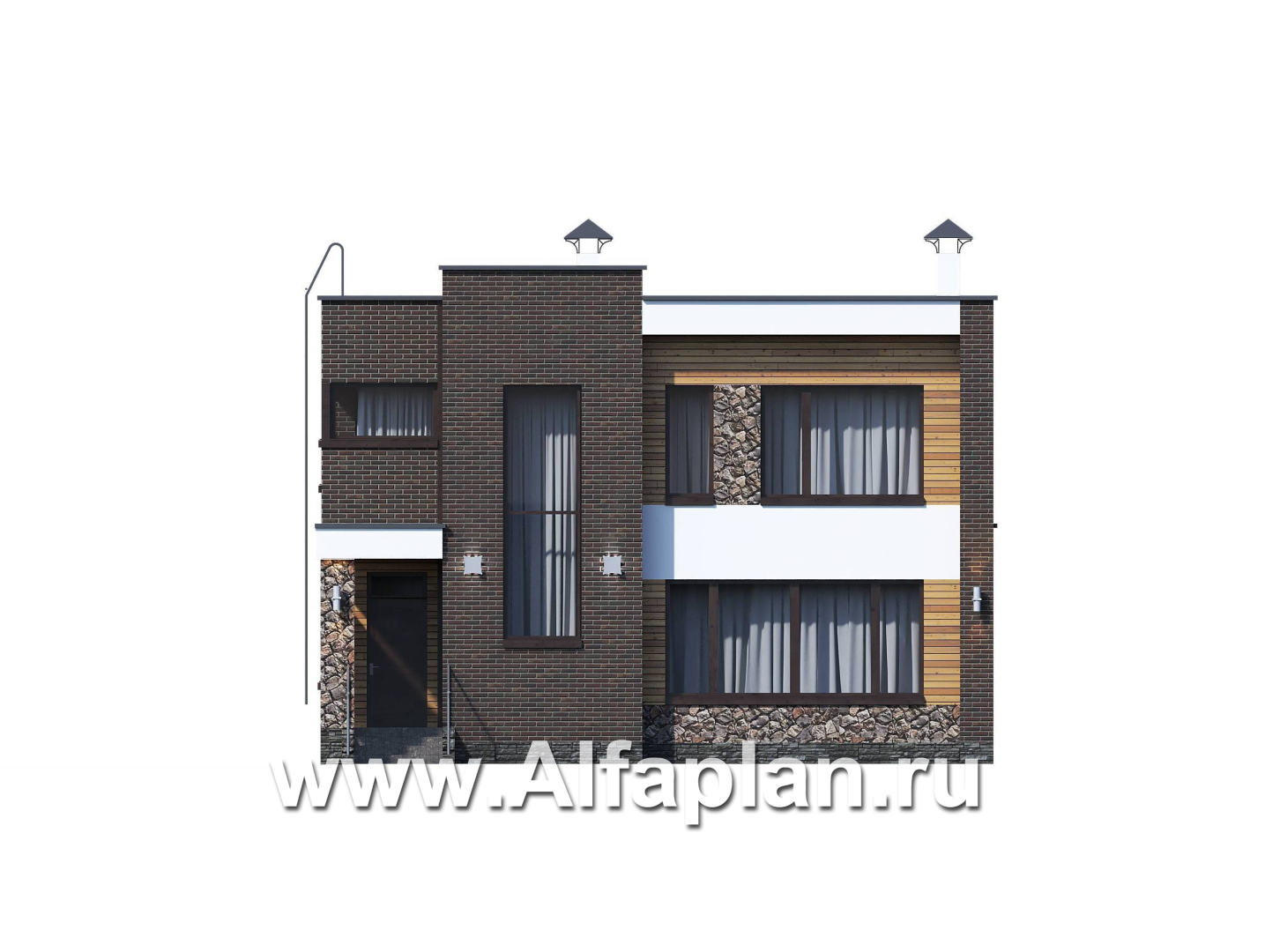 Проекты домов Альфаплан - «Эрго» - проект двухэтажного дома с плоской кровлей 10х10м, терраса сзади - изображение фасада №1