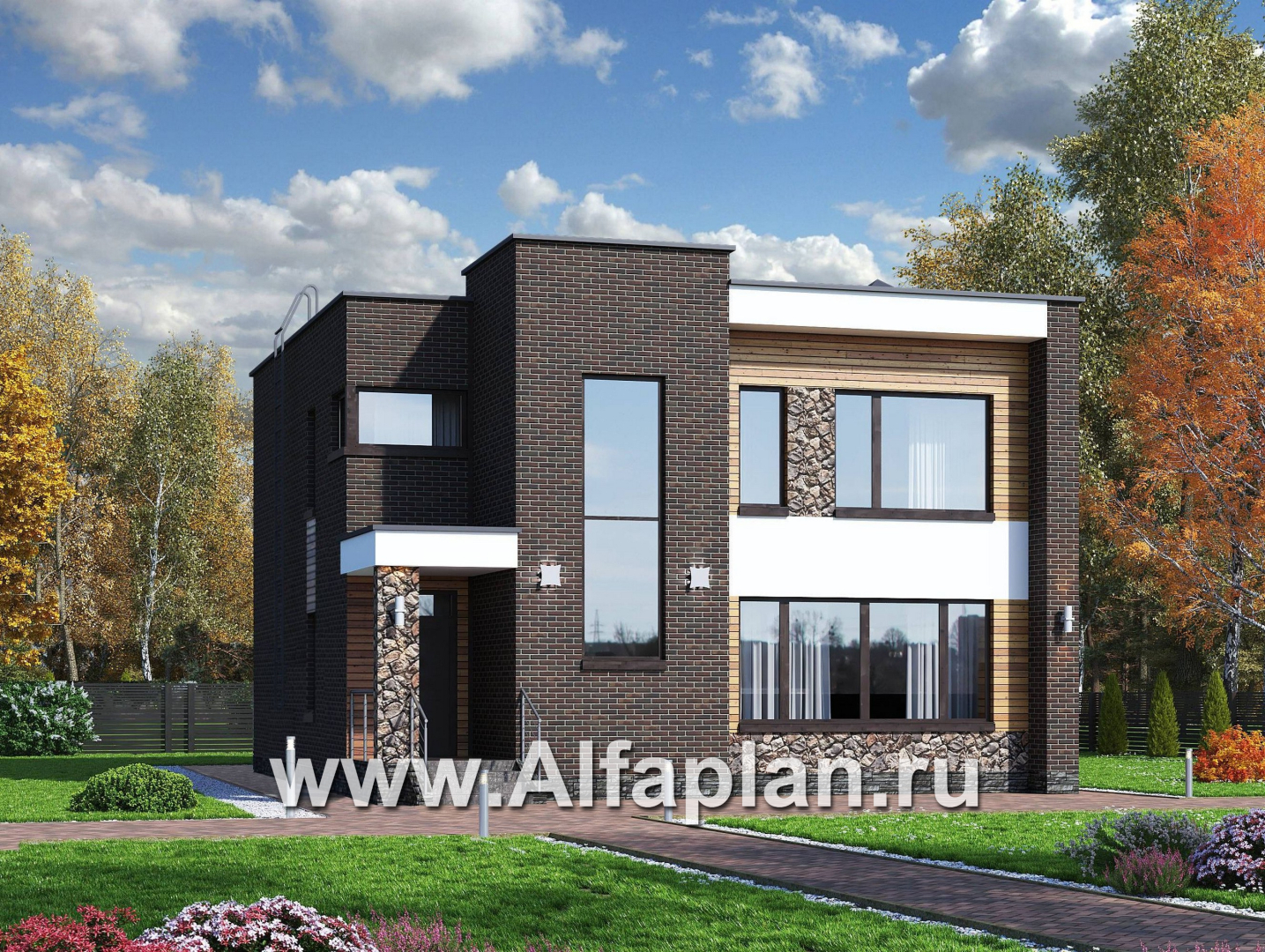 Проекты домов Альфаплан - «Эрго» - проект двухэтажного дома с плоской кровлей 10х10м, терраса сзади - основное изображение