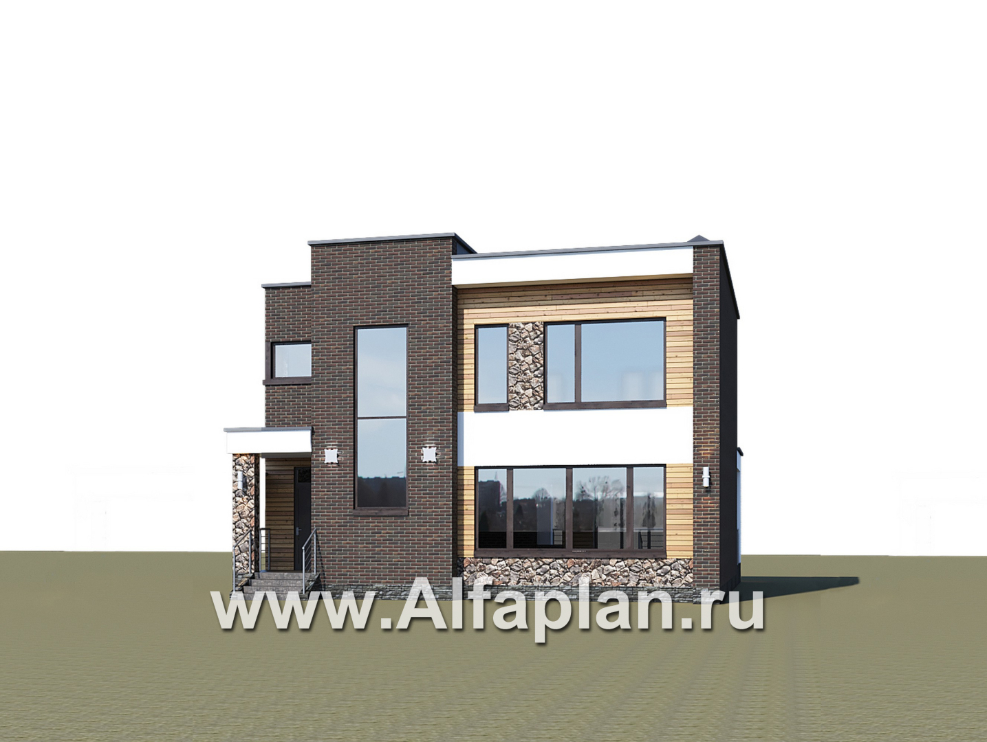 Проекты домов Альфаплан - «Эрго» - проект двухэтажного дома с плоской кровлей 10х10м, терраса сзади - дополнительное изображение №1