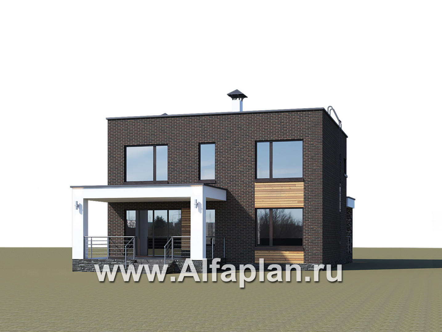 Проекты домов Альфаплан - «Эрго» - проект двухэтажного дома с плоской кровлей 10х10м, терраса сзади - дополнительное изображение №2