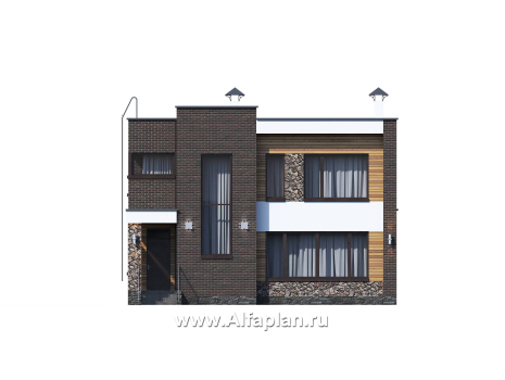 Проекты домов Альфаплан - «Эрго» - проект двухэтажного дома с плоской кровлей 10х10м, терраса сзади - превью фасада №1