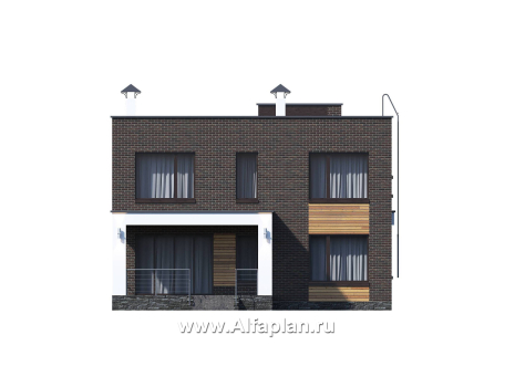 Проекты домов Альфаплан - «Эрго» - проект двухэтажного дома с плоской кровлей 10х10м, терраса сзади - превью фасада №4