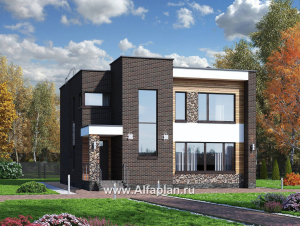 Проекты домов Альфаплан - «Эрго» - проект двухэтажного дома с плоской кровлей 10х10м, терраса сзади - превью основного изображения