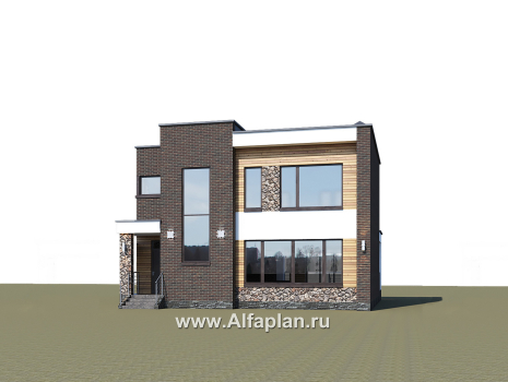 Проекты домов Альфаплан - «Эрго» - проект двухэтажного дома с плоской кровлей 10х10м, терраса сзади - превью дополнительного изображения №1