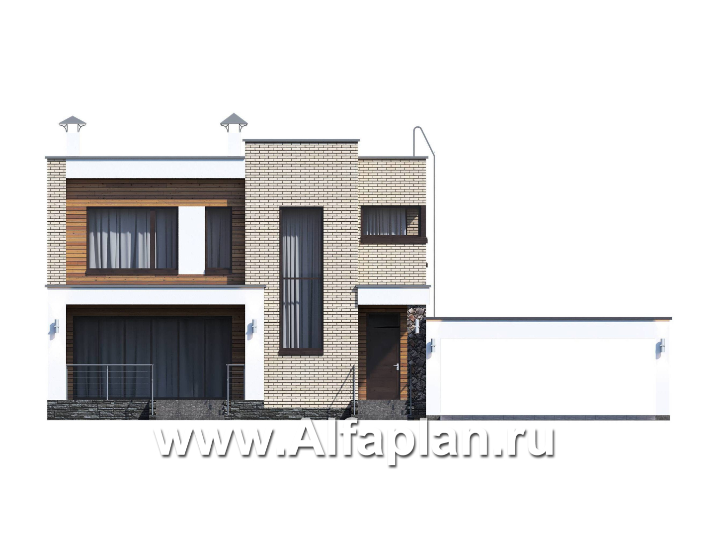 Проекты домов Альфаплан - «Эрго» - проект двухэтажного дома с плоской кровлей 10х10м, с гаражом-навесом, терраса впереди - изображение фасада №1