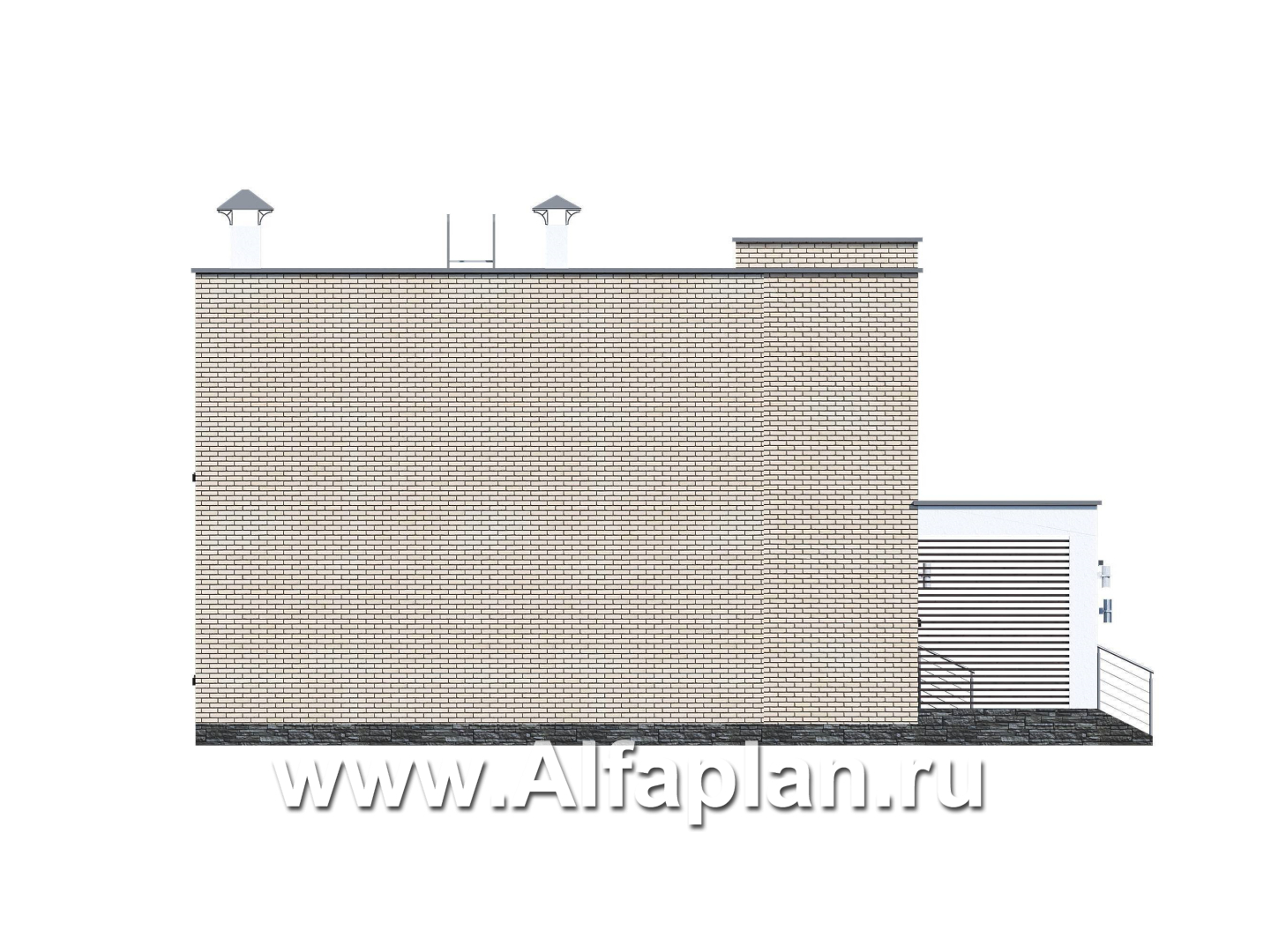 Проекты домов Альфаплан - «Эрго» - проект двухэтажного дома с плоской кровлей 10х10м, с гаражом-навесом, терраса впереди - изображение фасада №3