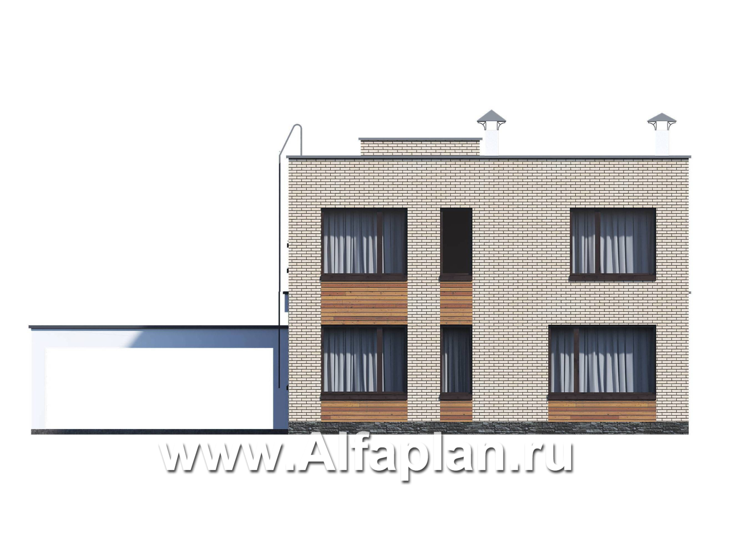 Проекты домов Альфаплан - «Эрго» - проект двухэтажного дома с плоской кровлей 10х10м, с гаражом-навесом, терраса впереди - изображение фасада №4