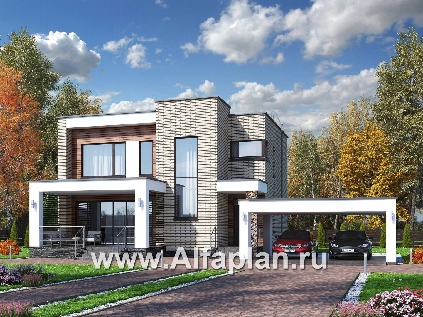 Проекты домов Альфаплан - «Эрго» - проект двухэтажного дома с плоской кровлей 10х10м, с гаражом-навесом, терраса впереди - основное изображение