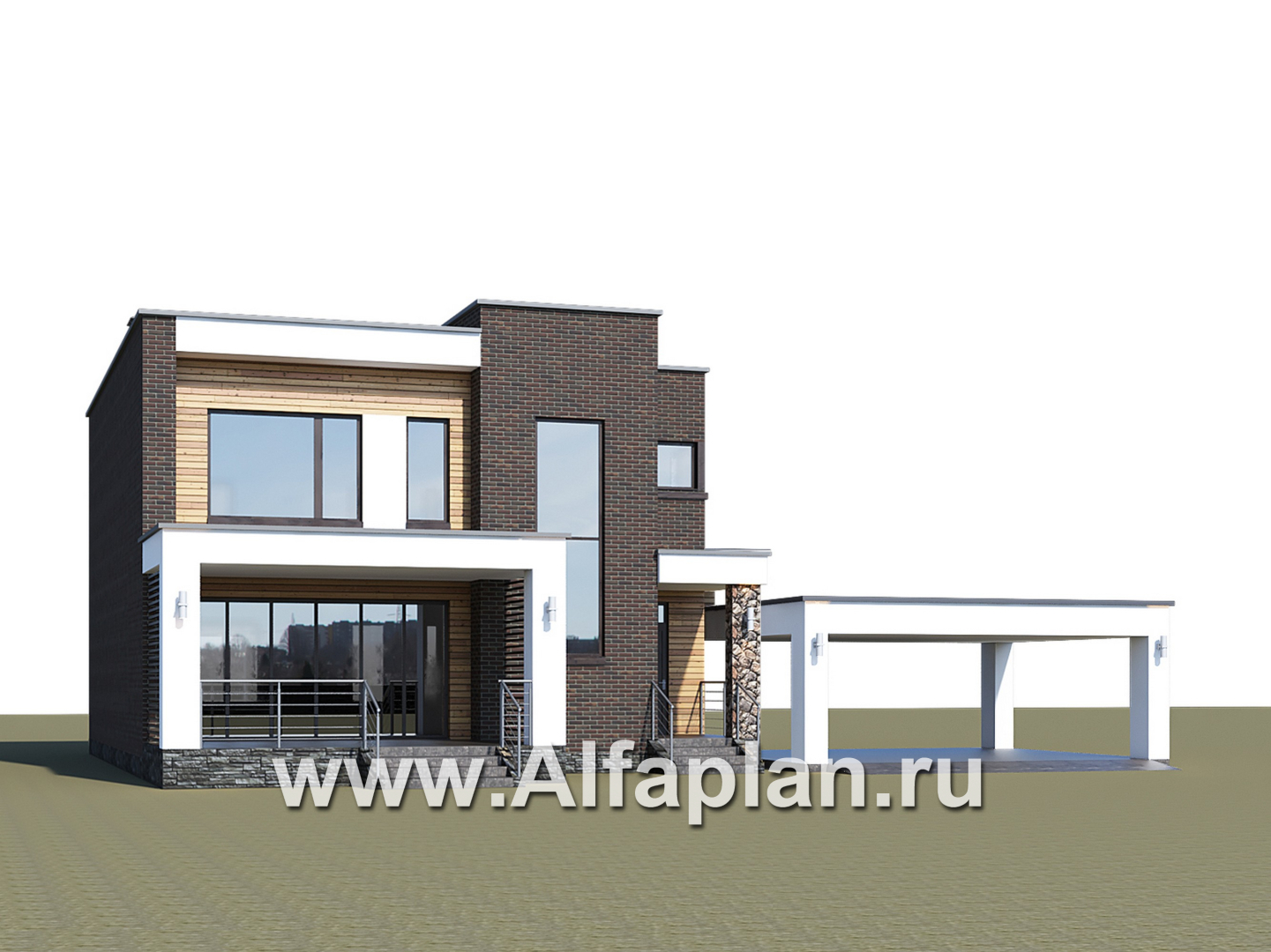 Проекты домов Альфаплан - «Эрго» - проект двухэтажного дома с плоской кровлей 10х10м, с гаражом-навесом, терраса впереди - дополнительное изображение №1