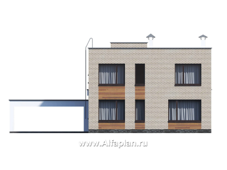Проекты домов Альфаплан - «Эрго» - проект двухэтажного дома с плоской кровлей 10х10м, с гаражом-навесом, терраса впереди - превью фасада №4