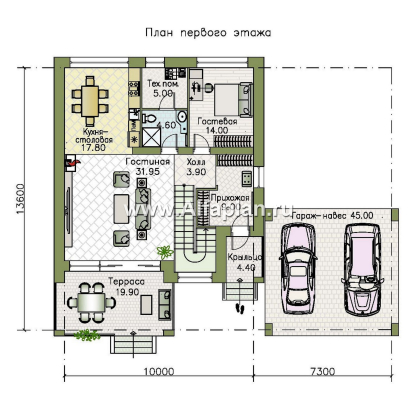«Эрго» - проект двухэтажного дома с плоской кровлей 10х10м, с навесом на 2 авто, терраса со стороны входа - превью план дома