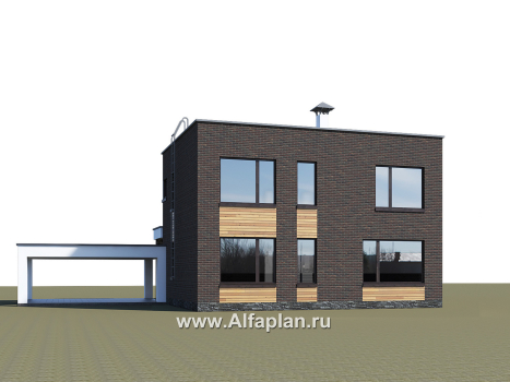 Проекты домов Альфаплан - «Эрго» - проект двухэтажного дома с плоской кровлей 10х10м, с гаражом-навесом, терраса впереди - превью дополнительного изображения №2