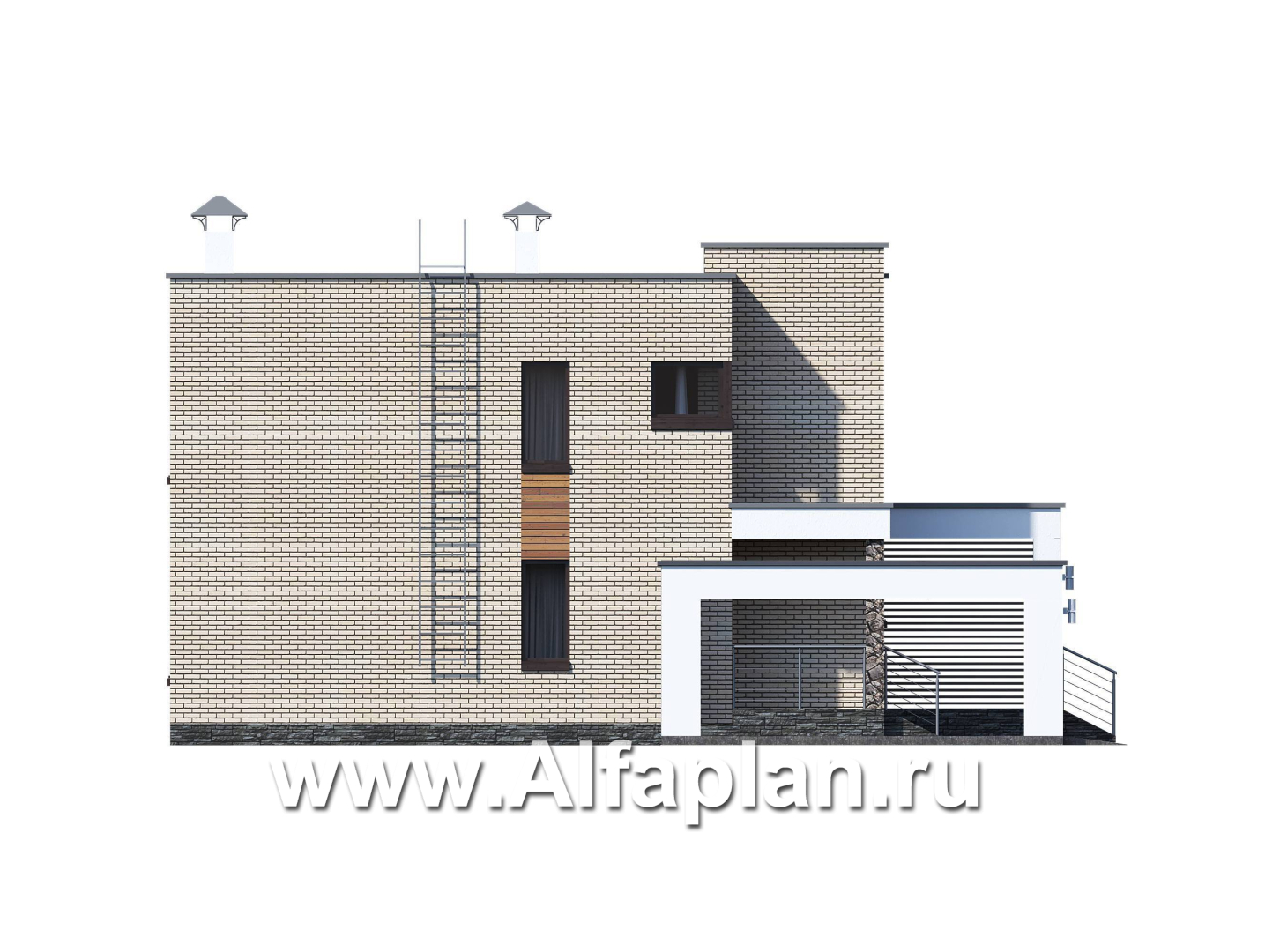 Проекты домов Альфаплан - «Эрго» - проект двухэтажного дома с плоской кровлей 10х10м, с гаражом-навесом, терраса впереди - изображение фасада №3