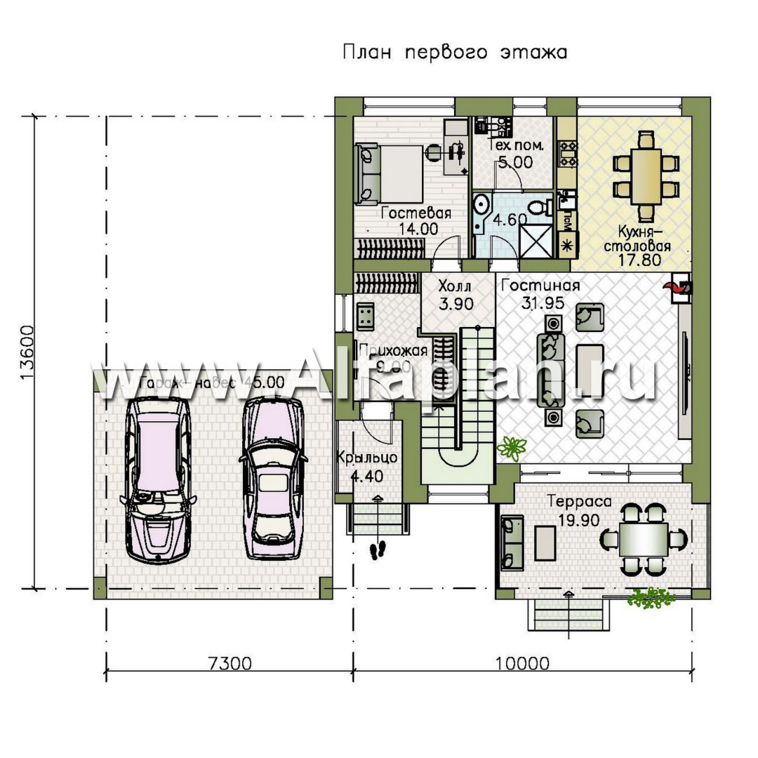 Проекты домов Альфаплан - «Эрго» - проект двухэтажного дома с плоской кровлей 10х10м, с гаражом-навесом, терраса впереди - изображение плана проекта №1