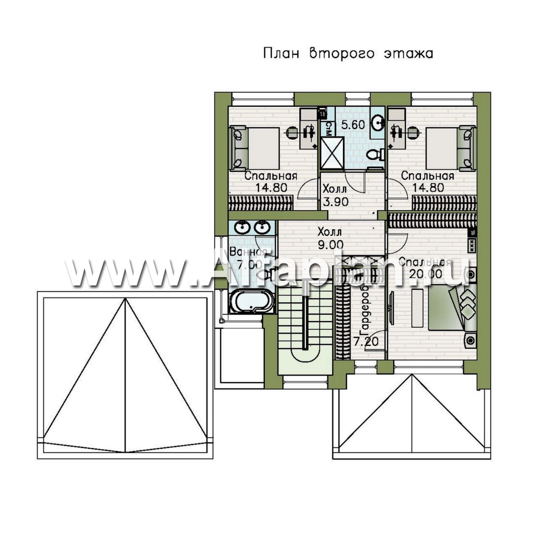 Проекты домов Альфаплан - «Эрго» - проект двухэтажного дома с плоской кровлей 10х10м, с гаражом-навесом, терраса впереди - изображение плана проекта №2