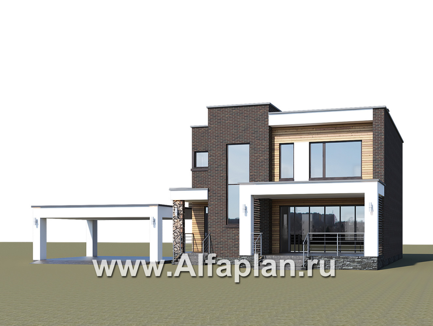 Проекты домов Альфаплан - «Эрго» - проект двухэтажного дома с плоской кровлей 10х10м, с гаражом-навесом, терраса впереди - дополнительное изображение №1