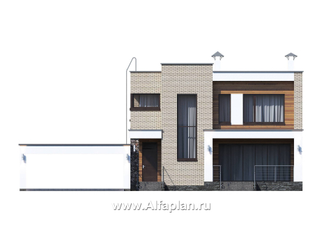 Проекты домов Альфаплан - «Эрго» - проект двухэтажного дома с плоской кровлей 10х10м, с гаражом-навесом, терраса впереди - превью фасада №1