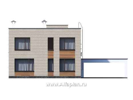 Проекты домов Альфаплан - «Эрго» - проект двухэтажного дома с плоской кровлей 10х10м, с гаражом-навесом, терраса впереди - превью фасада №4