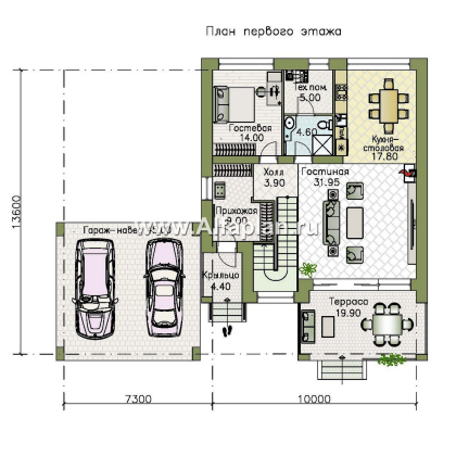 Проекты домов Альфаплан - «Эрго» - проект двухэтажного дома с плоской кровлей 10х10м, с гаражом-навесом, терраса впереди - превью плана проекта №1
