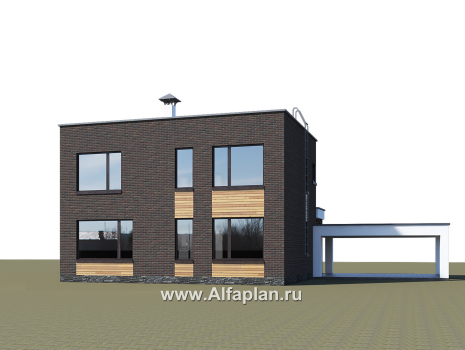 Проекты домов Альфаплан - «Эрго» - проект двухэтажного дома с плоской кровлей 10х10м, с гаражом-навесом, терраса впереди - превью дополнительного изображения №2