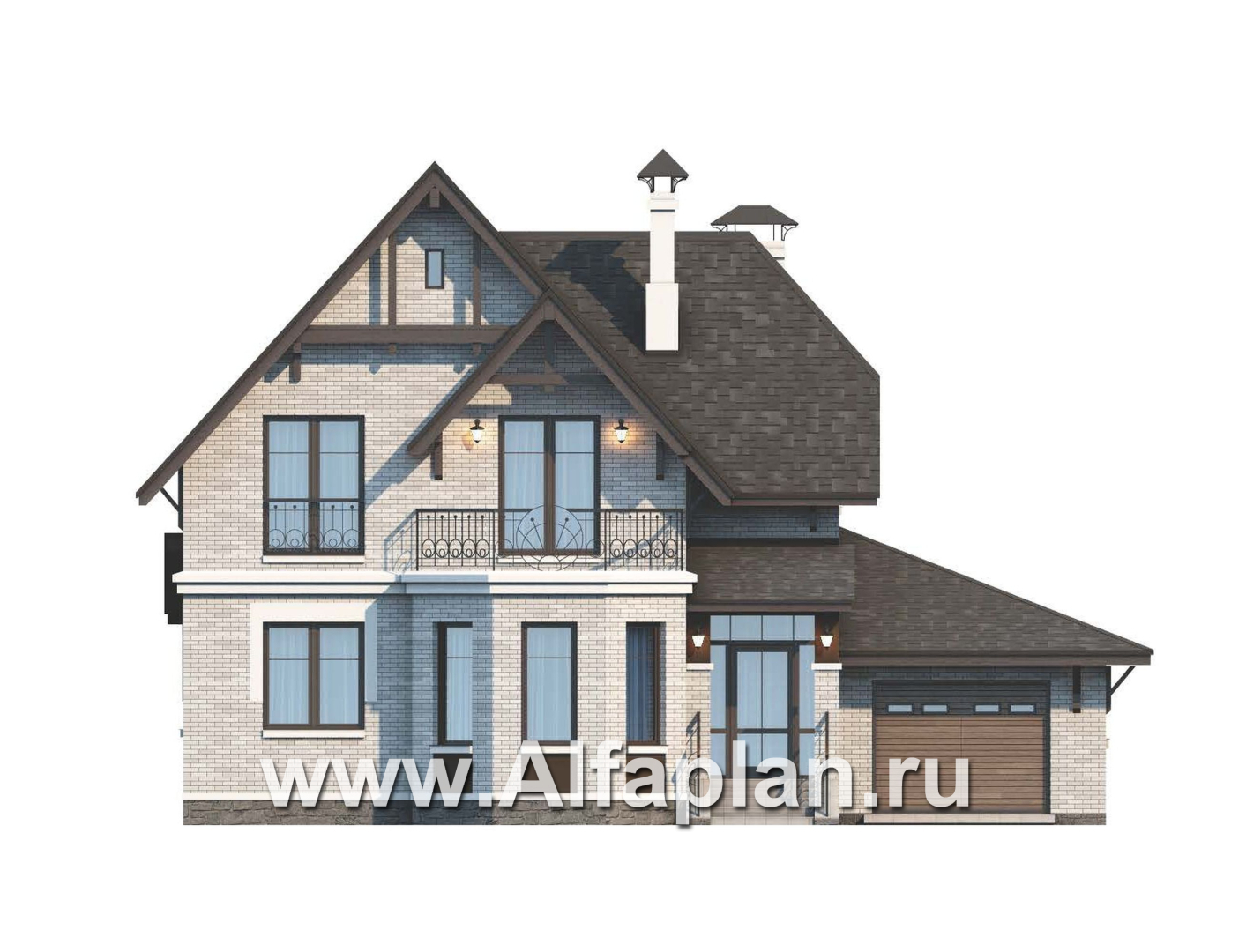 Проекты домов Альфаплан - Дом из газобетона «Шевалье» с кабинетом на 1 эт и гаражом - изображение фасада №1