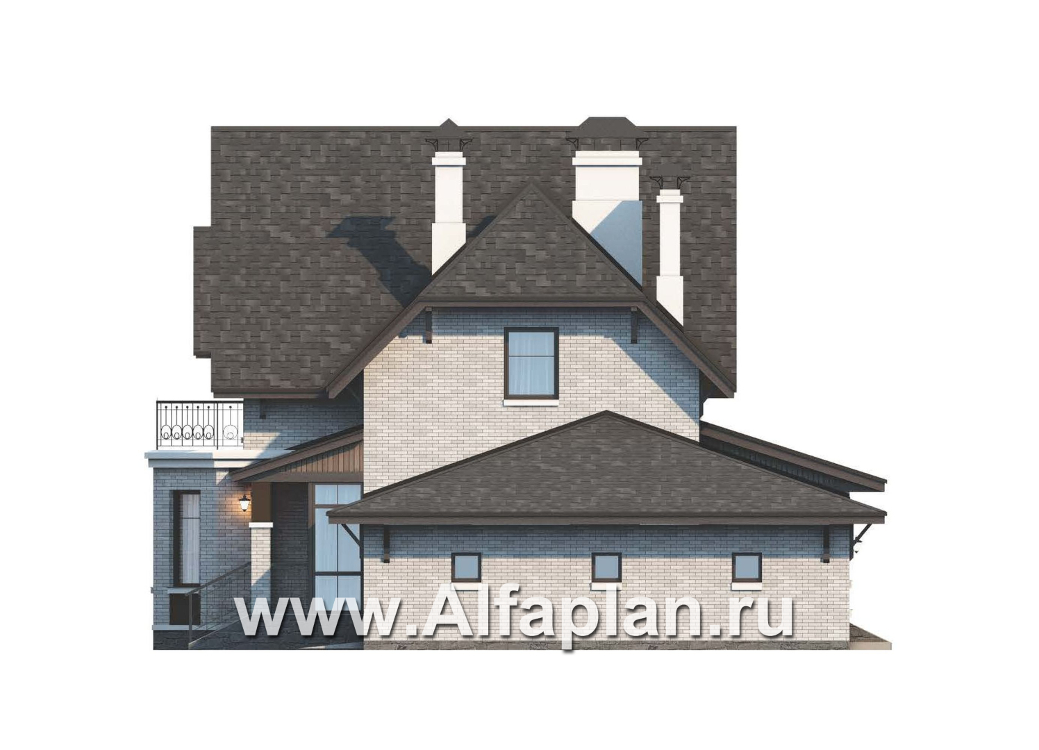 Проекты домов Альфаплан - Дом из газобетона «Шевалье» с кабинетом на 1 эт и гаражом - изображение фасада №2