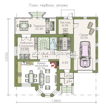 Проекты домов Альфаплан - Дом из газобетона «Шевалье» с кабинетом на 1 эт и гаражом - превью плана проекта №1