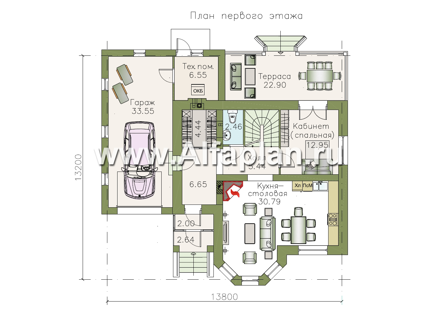 Проекты домов Альфаплан - Дом из газобетона «Шевалье» с кабинетом на 1 эт и гаражом - изображение плана проекта №1
