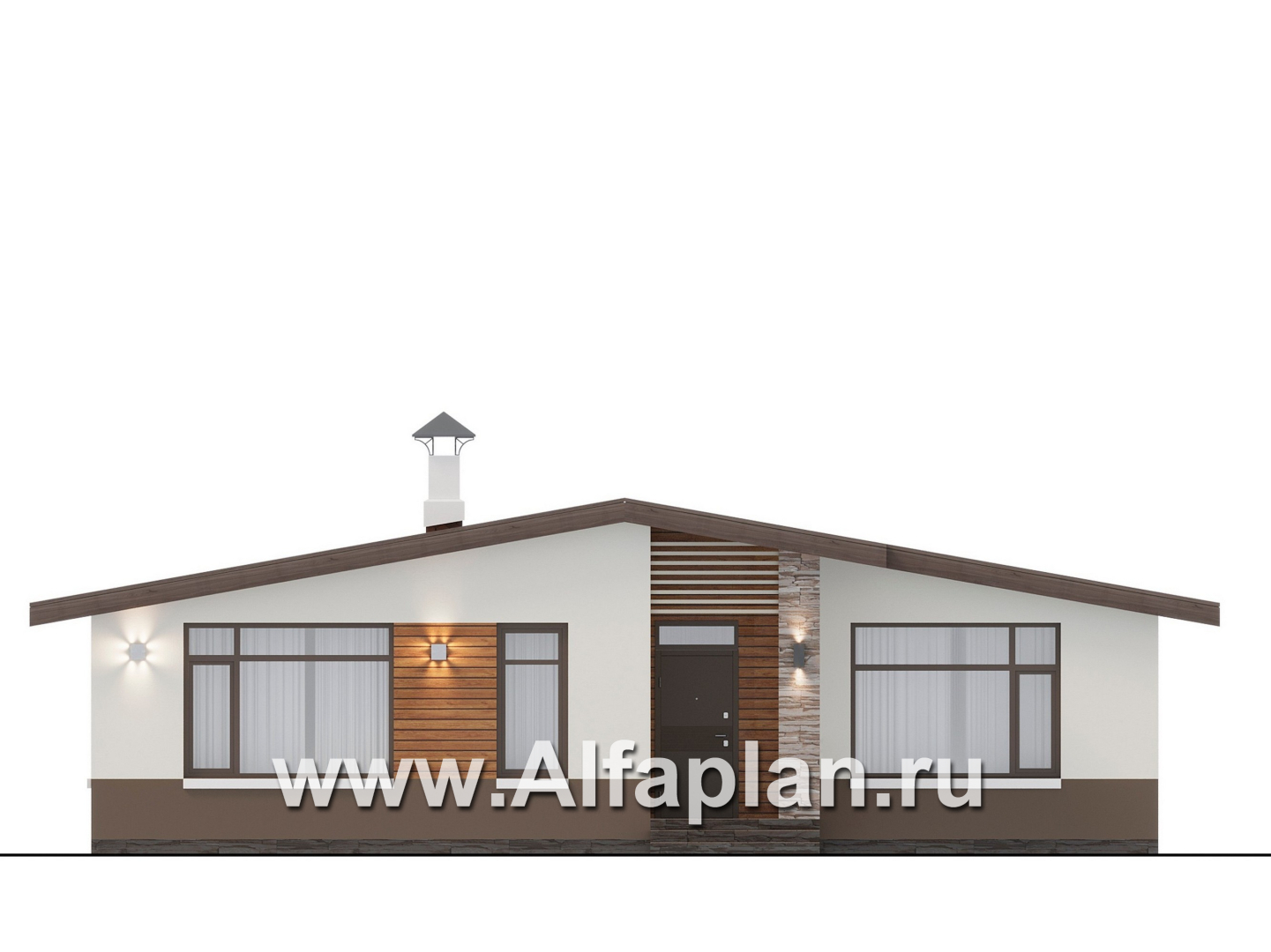 Проекты домов Альфаплан - "Отрадное" - одноэтажный дом с тремя спальнями и двускатной крышей - изображение фасада №1