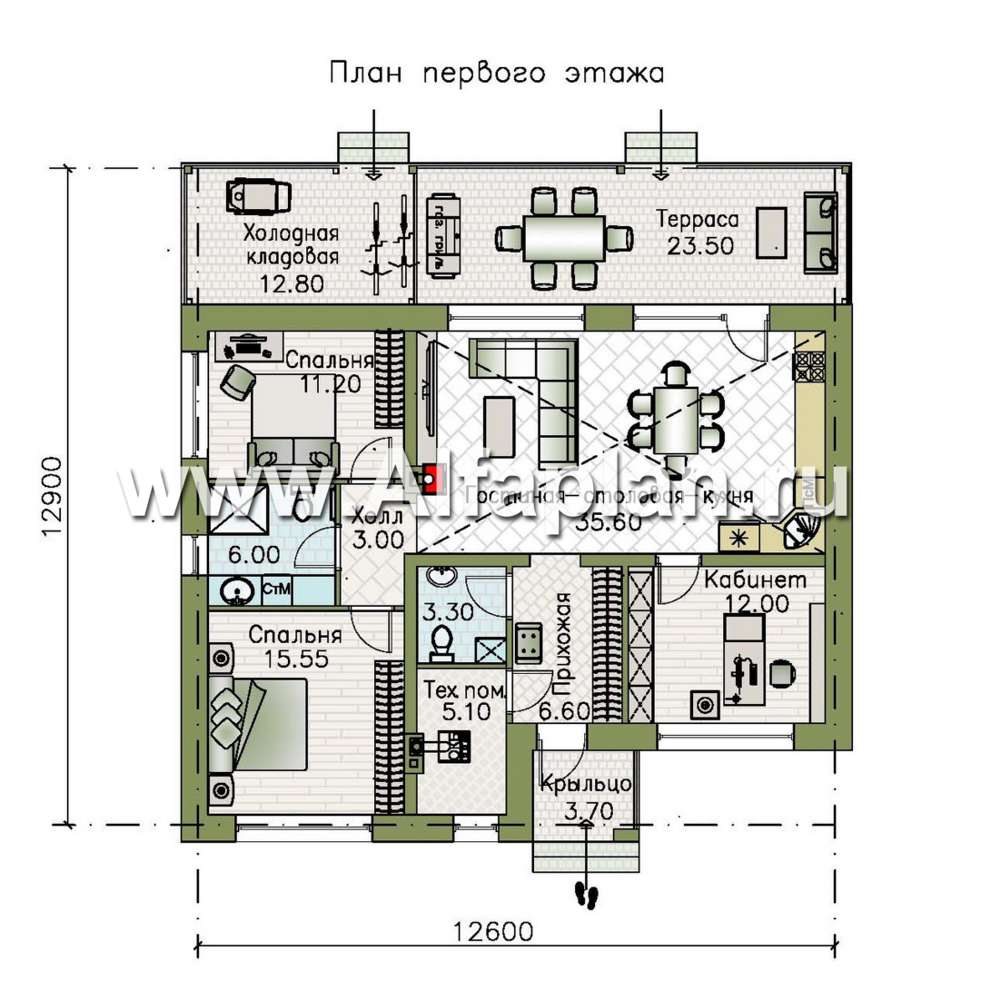 Проекты домов Альфаплан - "Отрадное" - одноэтажный дом с тремя спальнями и двускатной крышей - изображение плана проекта №1