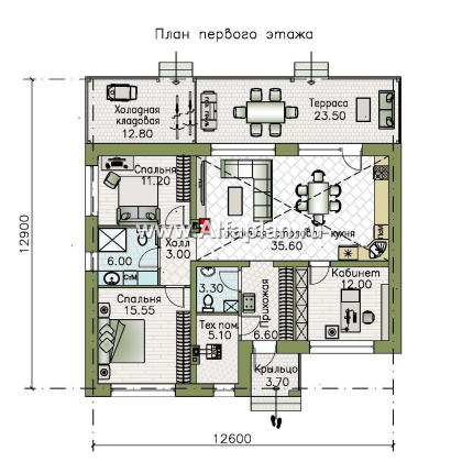 Проекты домов Альфаплан - "Отрадное" - одноэтажный дом с тремя спальнями и двускатной крышей - превью плана проекта №1