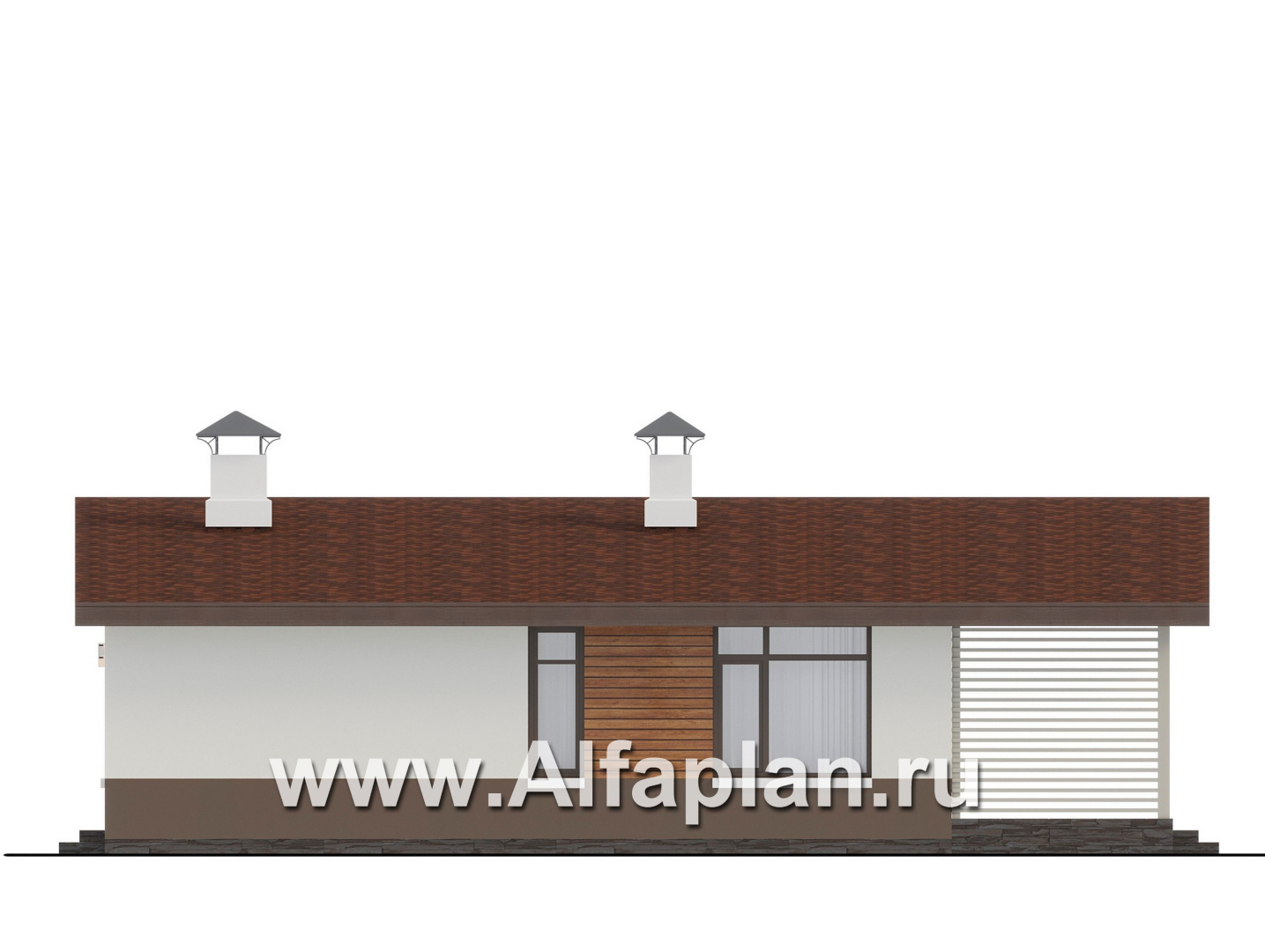 Проекты домов Альфаплан - "Отрадное" - проект одноэтажного дома, с террасой, 3 спальни, с двускатной крышей - изображение фасада №2