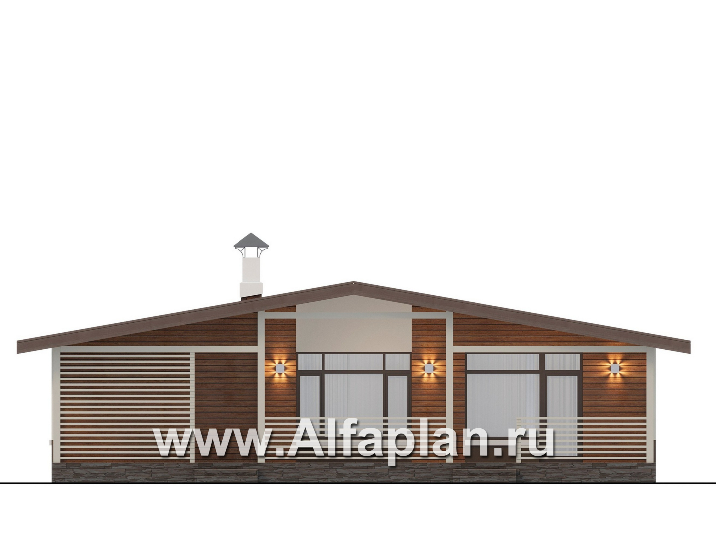 Проекты домов Альфаплан - "Отрадное" - проект одноэтажного дома, с террасой, 3 спальни, с двускатной крышей - изображение фасада №4