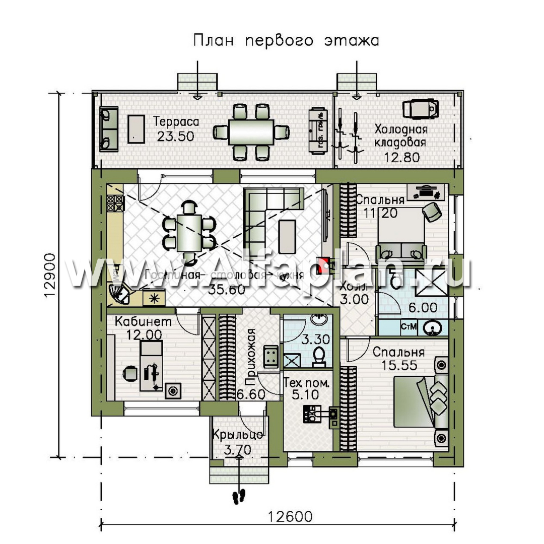 Проекты домов Альфаплан - "Отрадное" - проект одноэтажного дома, с террасой, 3 спальни, с двускатной крышей - план проекта №1