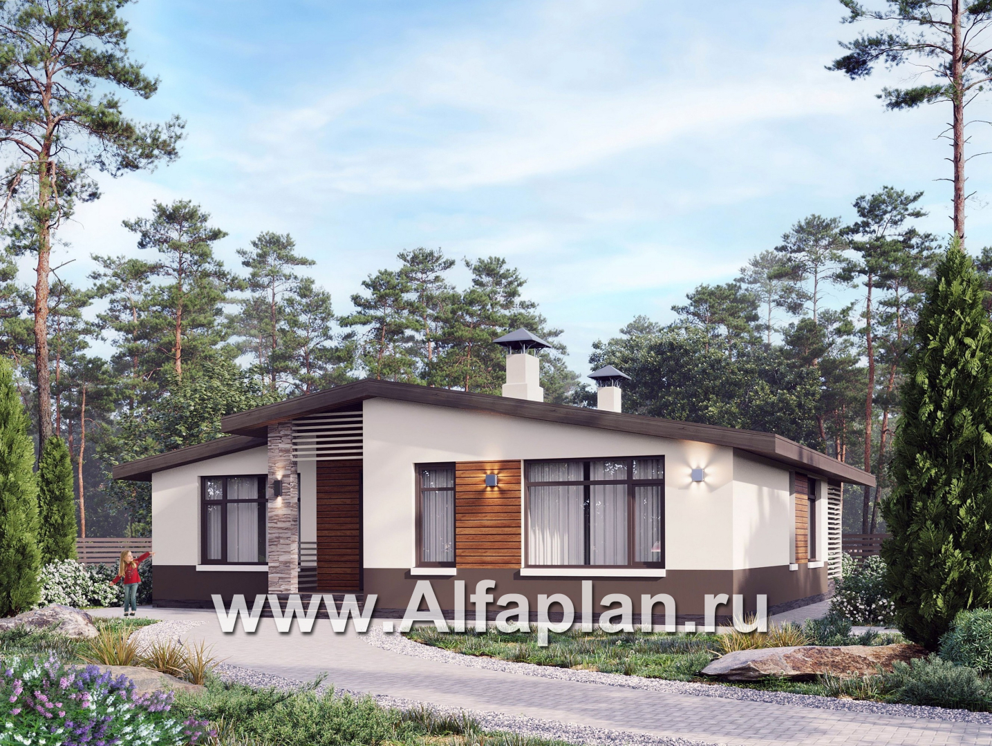 Проекты домов Альфаплан - "Отрадное" - проект одноэтажного дома, с террасой, 3 спальни, с двускатной крышей - основное изображение