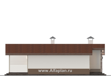 Проекты домов Альфаплан - "Отрадное" - проект одноэтажного дома, с террасой, 3 спальни, с двускатной крышей - превью фасада №3