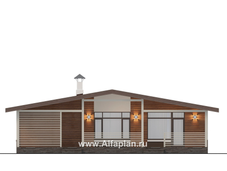 Проекты домов Альфаплан - "Отрадное" - проект одноэтажного дома, с террасой, 3 спальни, с двускатной крышей - превью фасада №4
