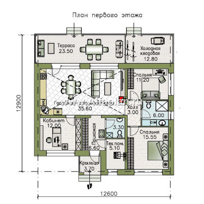 Проекты домов Альфаплан - "Отрадное" - проект одноэтажного дома, с террасой, 3 спальни, с двускатной крышей - превью плана проекта №1