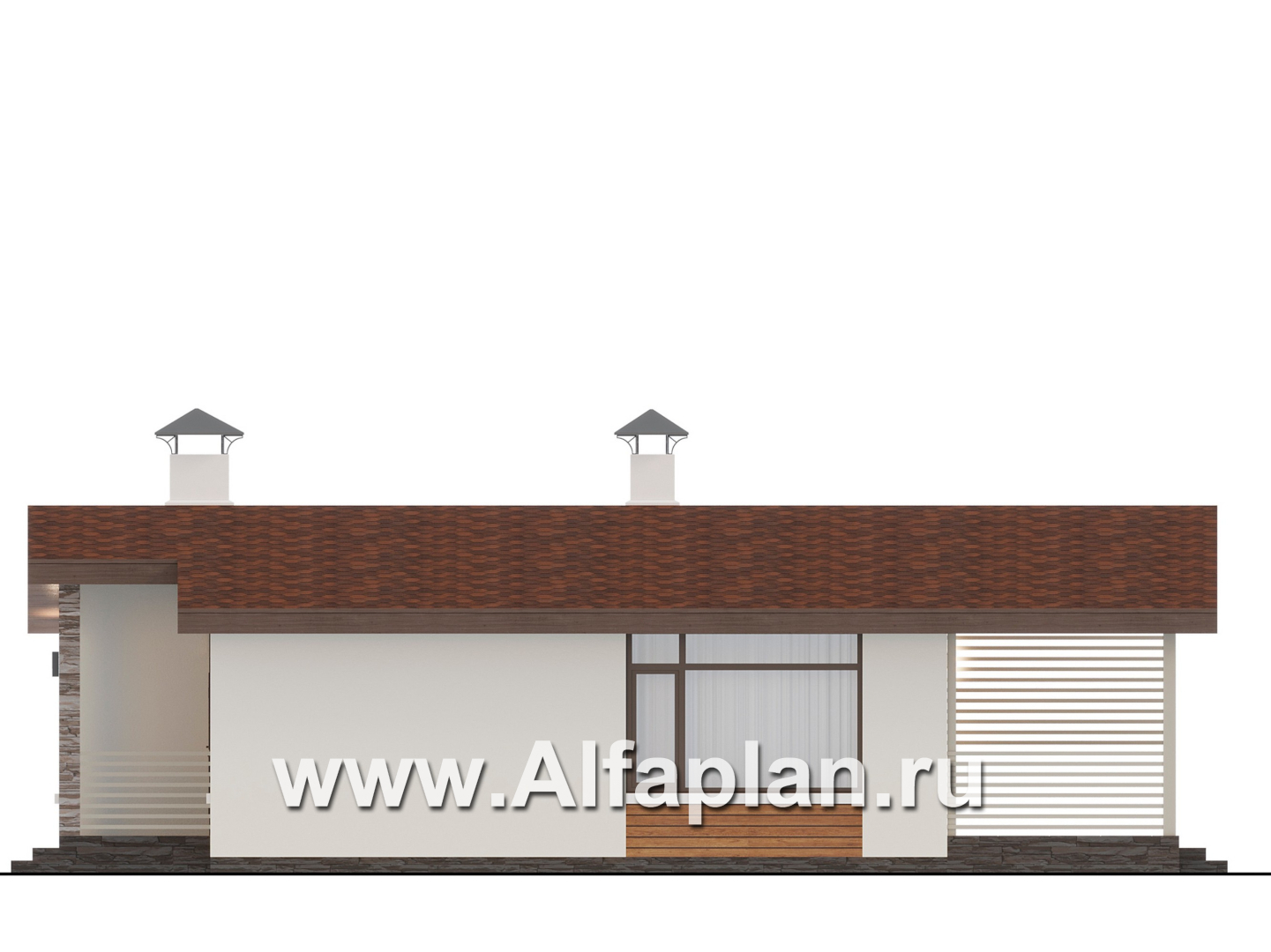 Проекты домов Альфаплан - "Перламутр" - проект одноэтажного дома из газобетона, с террасой, 2 спальни - изображение фасада №2