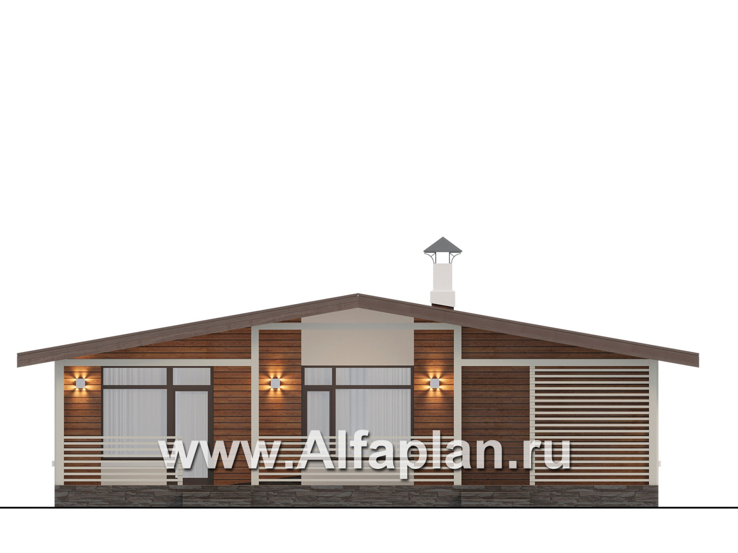 Проекты домов Альфаплан - "Перламутр" - проект одноэтажного дома из газобетона, с террасой, 2 спальни - изображение фасада №4